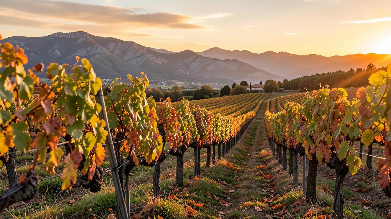 Rangées de vignes à Patrimonio au soleil couchant
